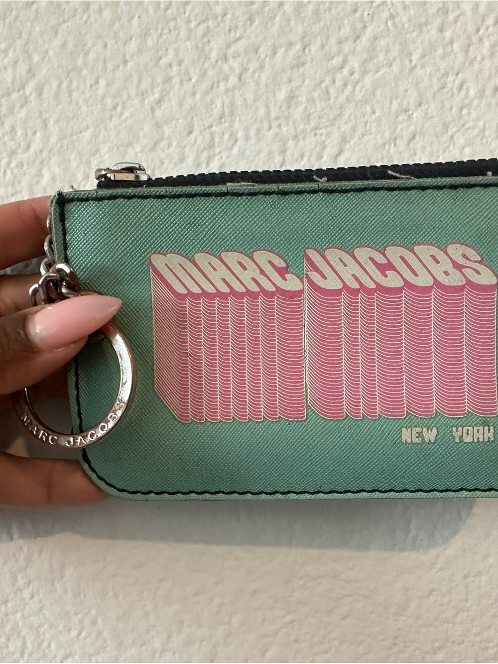 Marc Jacobs Mint and Pink Logo Zip Card Holder Keyring